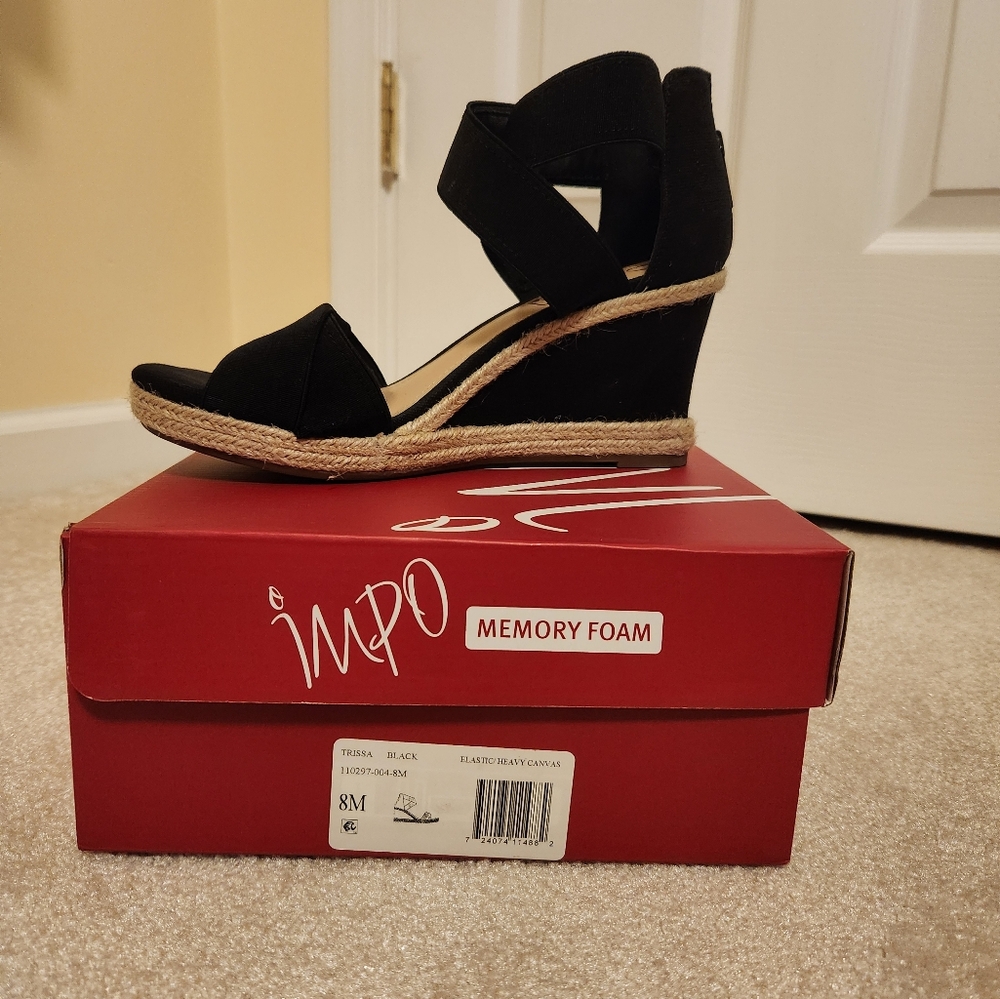 Impo Black Wedge Sandals with Memory Foam, size 8M